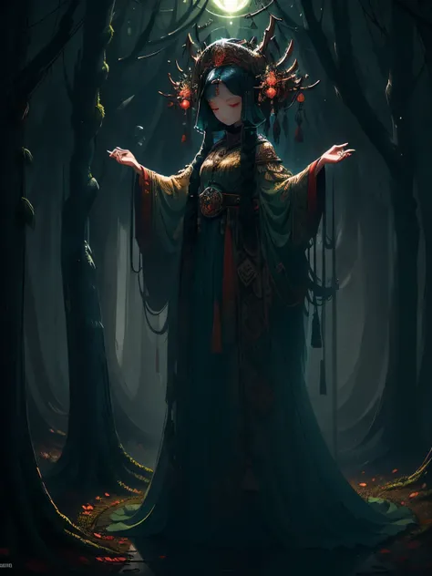 In the heart of an enigmatic forest, a surreal scene unfolds under the cover of a moody, overcast sky. Ancient sacrificial pictures, shrouded in an aura of mystery, adorn the moss-covered trees and boulders. The air is thick with the scent of incense and t...