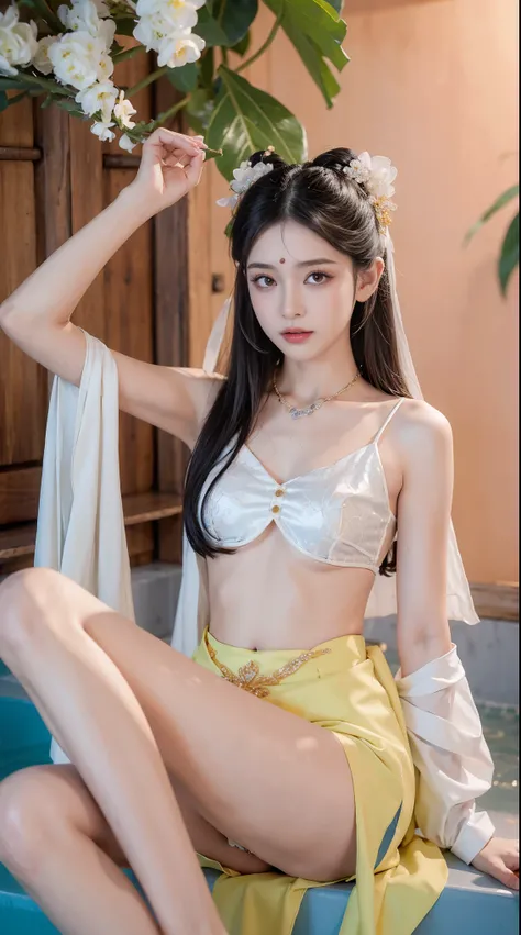 best picture quality，extremely high resolution，Very detailed，stunning girl，sitting in the pool，long eyelashes，big eyes，shining eyes，lying silkworm，plump lips，small nose，a happy expression，Sweet，Exquisite makeup，full-body shot，snow white skin，slim figure，ta...