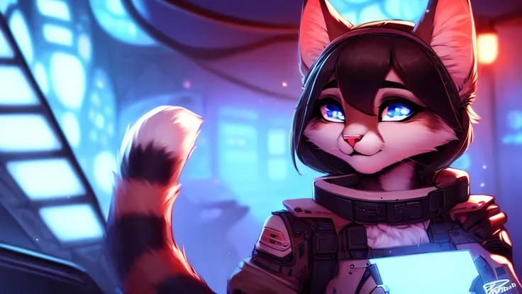 Cyberpunk cat casual outfit cute face, furry ears, medium bushy tail, Beautiful light and shadow bust, Highest quality fine lines and refined facial features, Good ambient light, superfine fur、Volumetric light is very detailed,Best quality furry art glow j...