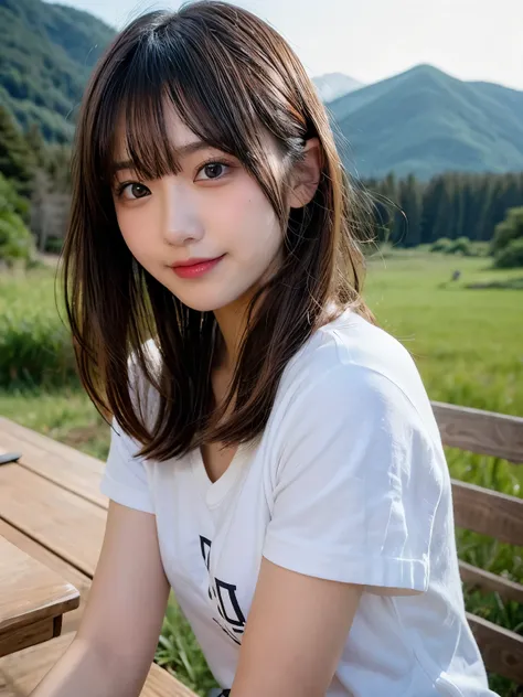 table top, highest quality, shape, Super detailed, finely, High resolution, 8k wallpaper, 完璧なダイナミックな構shape, finelyて美しい目, wearing an olive T-shirt,medium hair,natural color lip, smile,Harajuku、teenage girl、cute、looking at the camera、C cup、brown hair、Blurred...