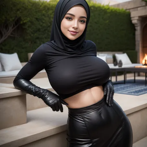 Dee768, wide shot, smile, hijab, big breasts all covered, turtleneck, leather black tshirt and gloves, open belly, Tangier, backyard of luxury house , detailed eyes, photography, trending on artstation, sharpness, studio photography, intricate details, hig...