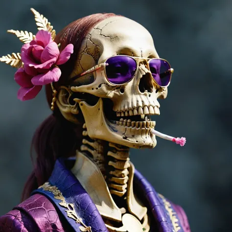 On snowy nights,32k(masterpiece,HD,super high quality,32k)Purple-pink double ponytail,flower stick,Indigo Skull King ,mahogany steering wheel (The skeleton is very realistic:1.4),crocodile print robe,Rusty skull ornaments,Sand gold linen cloak,Petals flyin...