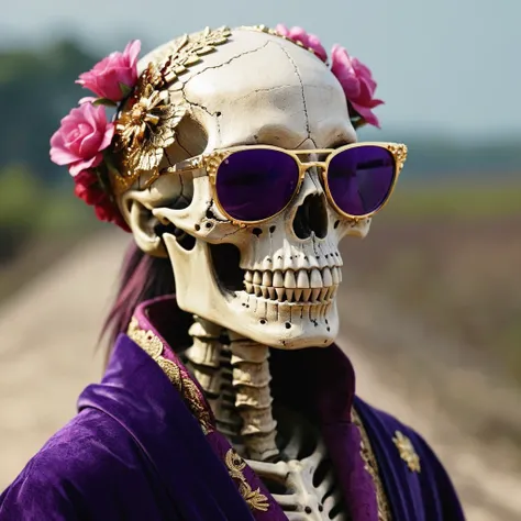 On snowy nights,32k(masterpiece,HD,super high quality,32k)Purple-pink double ponytail,flower stick,Indigo Skull King ,mahogany steering wheel (The skeleton is very realistic:1.4),crocodile print robe,Rusty skull ornaments,Sand gold linen cloak,Petals flyin...