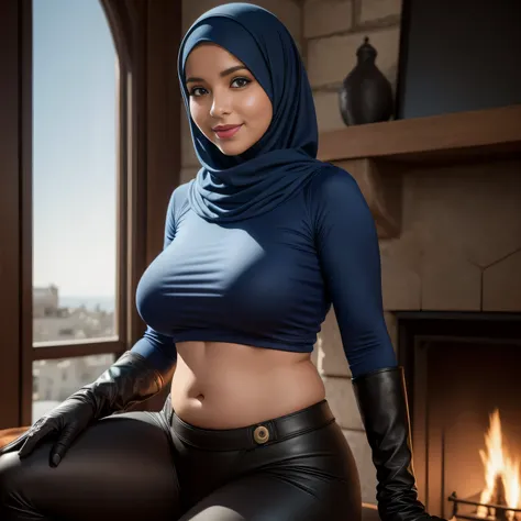 Dee768, wide shot, smile, hijab, big breasts all covered, turtleneck, leather blue tshirt and gloves, open belly, Tangier, fireplace with no fire, detailed eyes, photography, trending on artstation, sharpness, studio photography, intricate details, highly ...