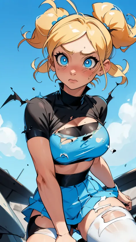 Bubbles from Powerpuff Girls as a Violent Mature Themed Action Anime, blonde pigtails:1.4, ecchi battle damage and wear, Damaged and Ripped clothes, large bouncy breasts:1.2, blue and black clothes