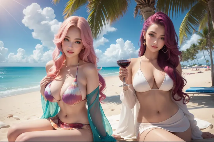 (masterpiece), beautiful beach, Many people are celebrating on the beach, cool, (random hairstyles, hair highlights, expressive hair, shiny hair, glowing hair, multicolored hair, gradient hair, colored inner hair, straight hair, long hair), (breasts, wide ...