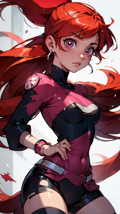 blossom from powerpuff girls as a violent mature themed action anime, red hair:1.2, sexy powerpuff girls anime, bloody battle da...