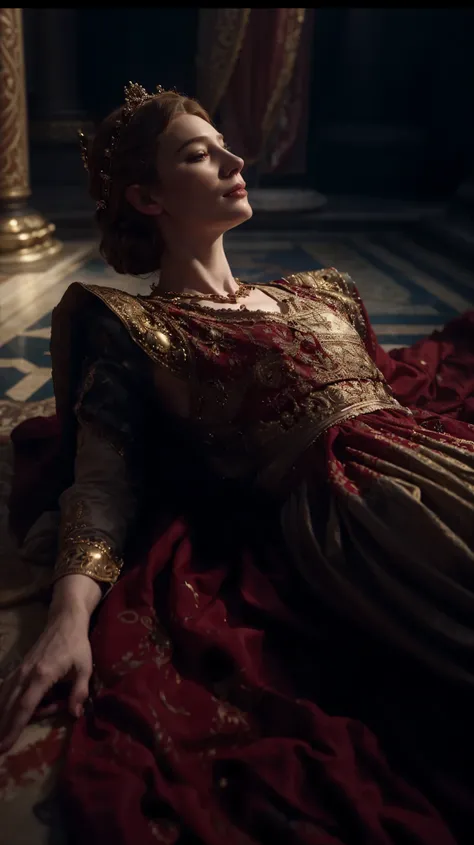 a woman in a red dress laying on a floor with a crown on her head, cate blanchett as medieval queen, portrait cersei lannister sit, portrait of emily blunt as queen, kiera knightly in repose, pale woman covered with blood, ornate royal gown, medieval princ...