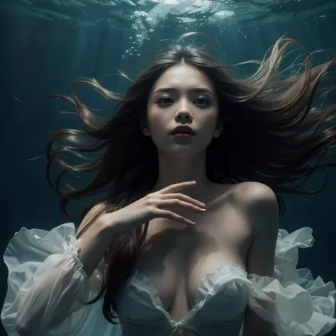 ((realistic beauty underwater photography)) (very sharp photo result, full body desaturated photo) (((textile shading))), (((Best Quality))), (((masterpiece))), (((hyper realistic photo))) indonesian 18-years old girl, detail face, long hair, deep diving i...