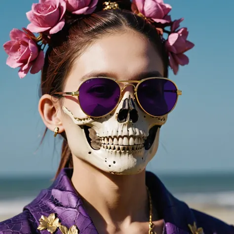 On snowy nights，32k（masterpiece，HD，super high quality，32k）Purple-pink double ponytail，flower stick，Indigo Skull 马 ，mahogany steering wheel （The skeleton is very realistic：1.4），crocodile print robe，Rusty skull ornaments，Sand gold linen cloak，Petals flying，D...