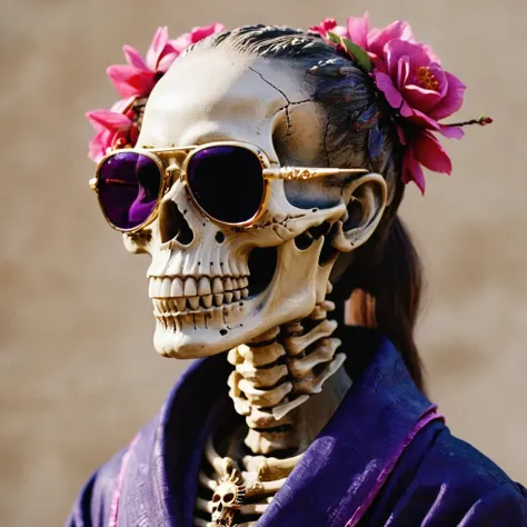 On snowy nights,32k(masterpiece,HD,super high quality,32k)Purple-pink double ponytail,flower stick,Indigo Skull 马 ,mahogany steering wheel (The skeleton is very realistic:1.4),crocodile print robe,Rusty skull ornaments,Sand gold linen cloak,Petals flying,D...