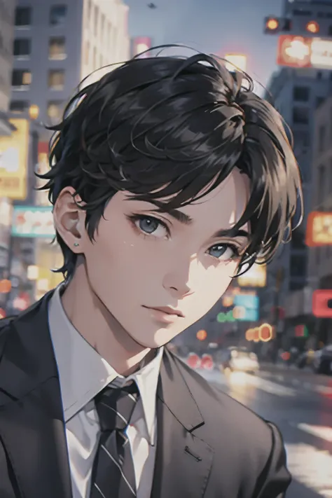 (disorganized, High resolution, super detailed, HDR), masterpiece, highest quality, boy, alone, good looking, short hair, black hair, fine eyes and detailed face, casual suit, true shadow, Raise your hand in a peace sign, Joyful, ear removal, city,