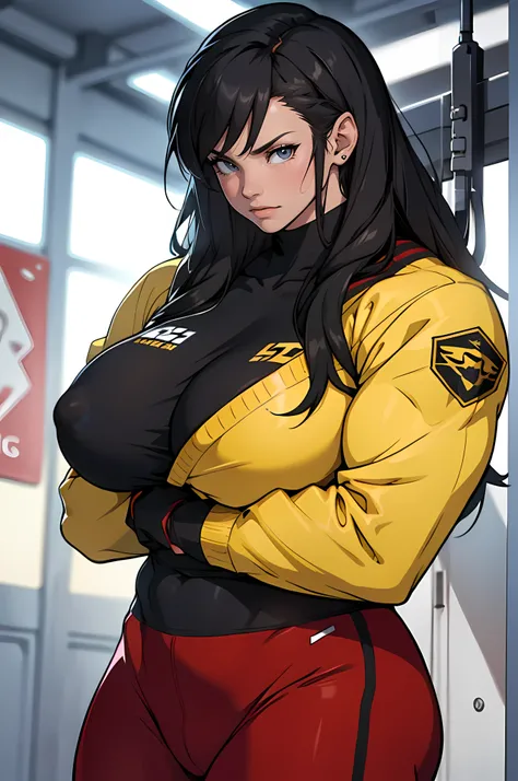 girl huge breasts bodybuilder muscular toned body pale skin black hair very long hair yellow eyes angry blushing embarrassed thick thighs