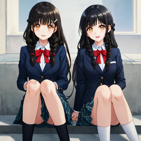 highest quality, (masterpiece:1.2), very detailed, Two girls are sitting around the viewer, Glossy lips that make you want to kiss, nice smile, brown eyes, (((black hair))), 15 years old, long braids, big shiny hair clip, school uniform, Dark blue and navy...