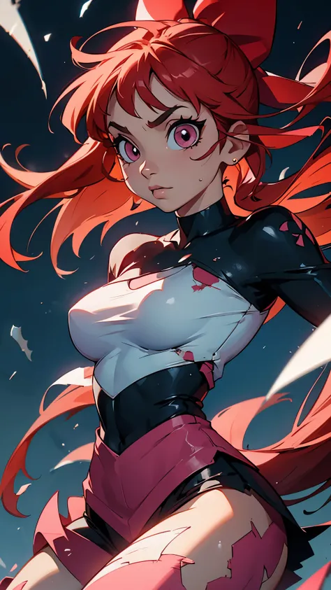 blossom from powerpuff girls as a violent mature themed action anime, red hair:1.2, sexy powerpuff girls anime, bloody battle da...