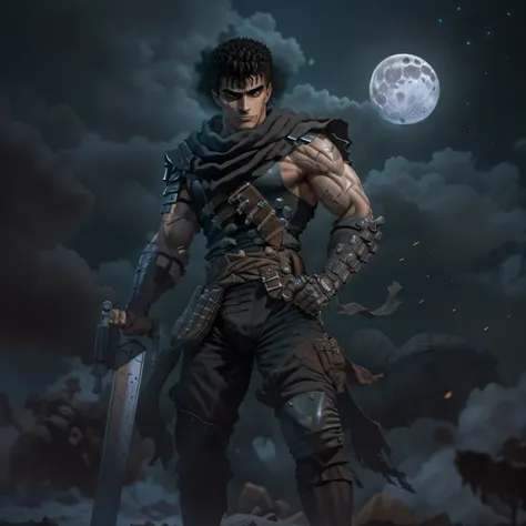 full body image of guts (berserk), 1boy, massive black hair, smiling, teeth, closed mouth, looking at viewer, male focus, fantasy background, scar on face, scar on nose, scarf, short hair, solo, muscular upper body, weapon on back, moon, clear night, sword...