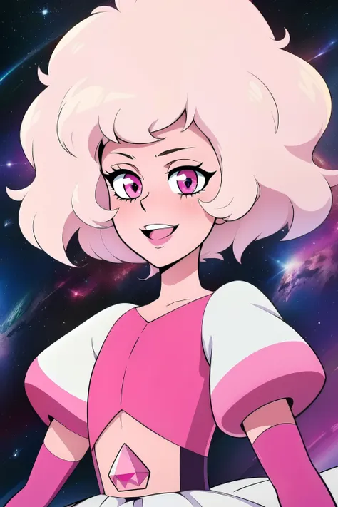 pnkdamond, pink hair, pink eyes,  big hair,  stomach gem,  pink skin,  toned, 
puffy short sleeves, elbow gloves ,  white thighh...