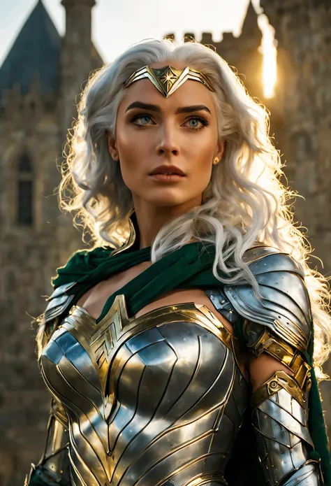 Wonder Woman with green pupils, long bluish white hair, confident expression, wearing beautiful silver armor with golden patterns all over the armor, exuding a dark yellow glow, In the background, a medieval castle