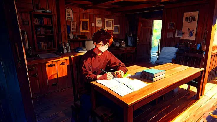 1  aged 20 years, male, sitting and writing, Focus on writing a book, The background is a wooden house., Old brown shirt , 