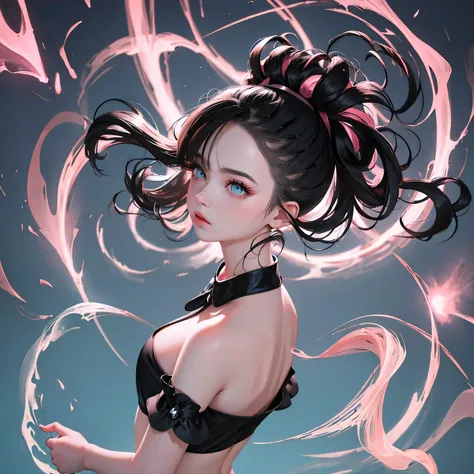 An exquisite masterpiece of top quality and high resolution featuring Marnie. Big sleepy eyes, Aqua eyes、Glowing under the dim light. black hair, much hair, messy hair, only head and shoulders, magazine style, pink top, russian girl, hyperrealistic.
