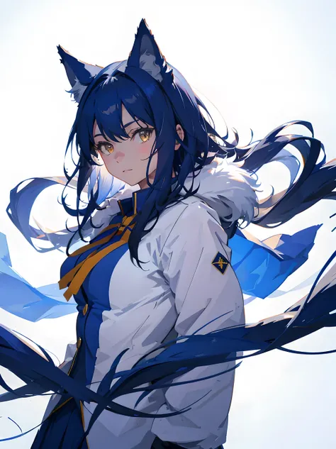 1 girl, blue fur, wolf girl, medium breasts, uniform, portrait, simple background, (hairy:1.5) 