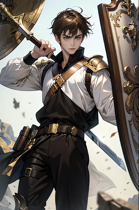 masterpiece, Super detailed, 8K portrait, RAW photo, Portrait photo of a man, highly detailed face, cool and careful eyes, ((fantasy)), (((((1boy))))), (((youth))), 17 years old, warrior, dynamic pose, (((Hold up a shield and full swing a sword))), (((shor...