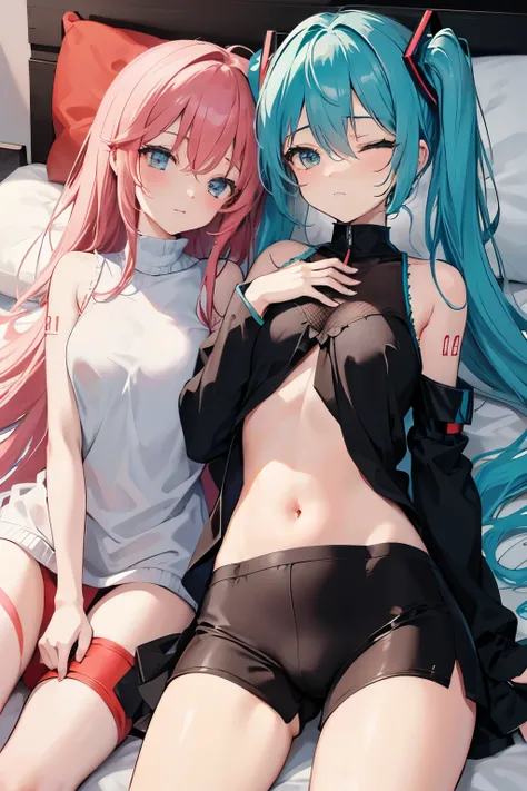 2girls, sleeping with head on anothers inner thigh, thigh pillow, Hatsune Miku, lap pillow, soft thighs, sleeping, hand between thighs, touching anothers crotch, rubbing crotch, luka