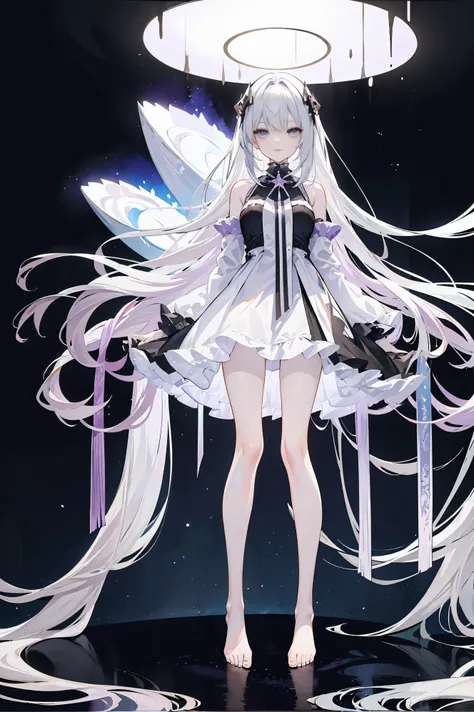 Lilac gradient hair,asymmetrical hair,（（Hair is very thick 1.8，Well-defined head 1.6））， hair past shoulders, messy hair, very long hair, shiny hair，(long gray hair:1.2),a beautiful girl，（Luxury Platinum Mini Ultra Short Platinum Lolita，Made of transparent ...