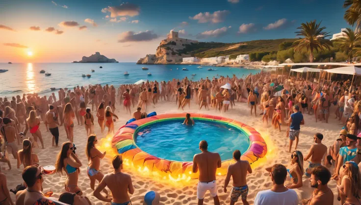 realistic photo, Masterpieces, beach, beach party, sand, sea, lots of young people having fun to music, djs,, drinka, loud musi, dances, bikini, warm and hot, pool, Ibiza party, crazy, big party, raw photo, vivid colors, panoramic shot