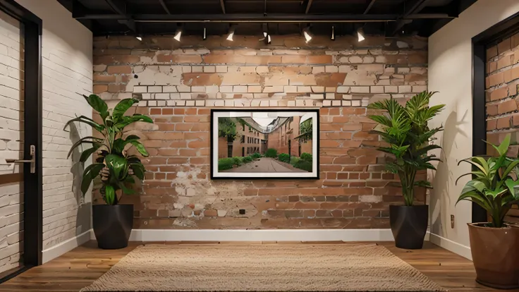 make a background photo of an exposed brick wall with framed artwork in the style of graffiti on it and some floor potted plants