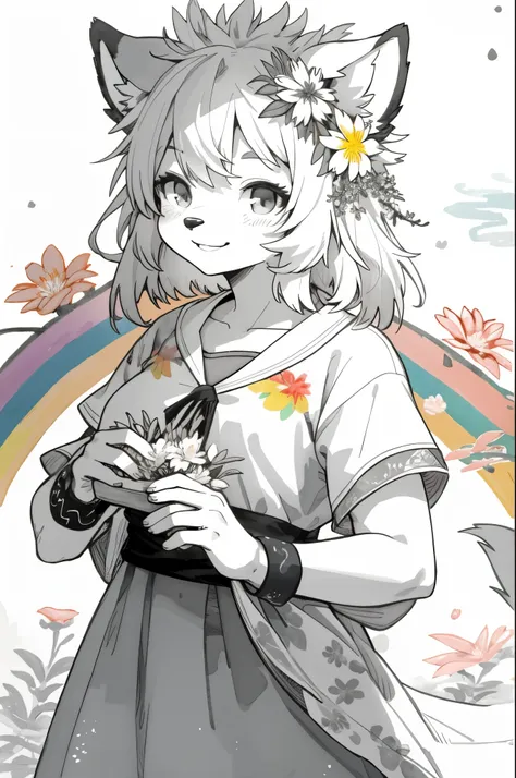 monochrome, watercolor, highres, top quality, best quality, paid reward available, High-quality illustrations, unparalleled masterpiece, perfect artwork, absurdres, 1girl, kemono, furry, detailed body fur, animal face, animal hand, Archaic Smile, holding a...