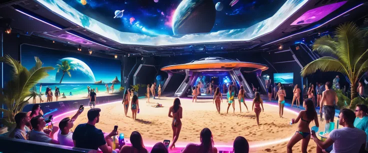 realistic, sci-fi, masterpiece, artificial beach on spaceship, big spaceship hall, space themed party, party theme "beach party", artificial sand, hologram imitating sea and palm trees, lots of young people having fun with music, dj, drinks, loud music, da...