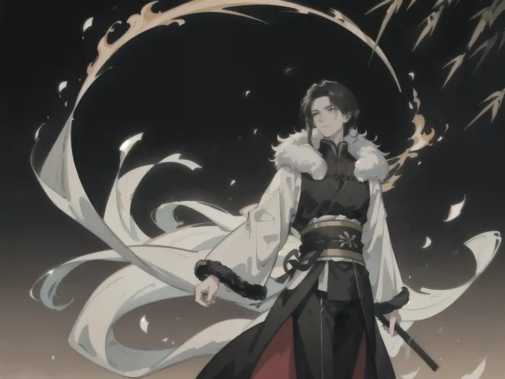 Xu Fengnian，An antique anime male character，Handsome，brunette color hair，Manteau blanc，Elegant and warm，Wear black，ancient wind，Sable fur，High Picture Quality，tmasterpiece，Background with（courtyard，bamboo forrest，Plain，elegant）