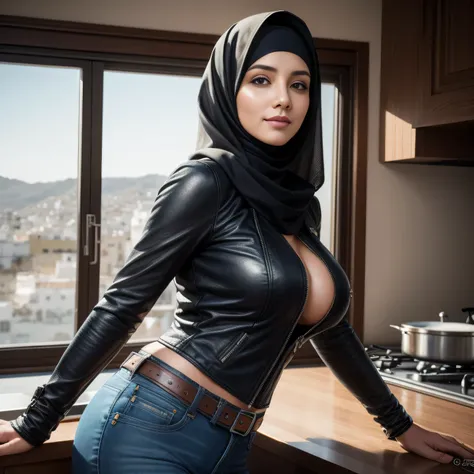 Dee768, portrait, smile, hijab, big breasts all covered, turtleneck, jeans and leather jacket, Tangier, in kitchen, detailed eyes, photography, trending on artstation, sharpness, studio photography, intricate details, highly detailed, Tangier in background...