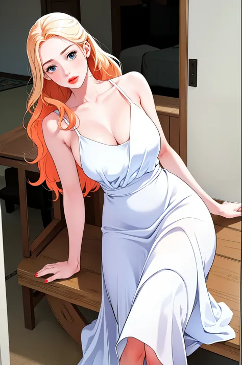 an extremely beautiful and gorgeous cute yellow skin mother, long orange shiny hair, a kind worried sad smile, blue eyes, red lips, and red nails, wearing a long white full body covering white dress, sitting in the corner of a horse stable, looking down at...