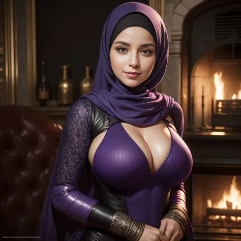 Dee768, portrait, smile, hijab, big breasts, turtleneck, leather purple clothes, Tangier, fireplace, detailed eyes, photography, trending on artstation, sharpness, studio photography, intricate details, highly detailed, Tangier in background, by Greg Rutko...