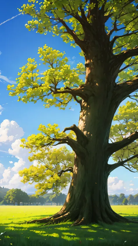  a beautiful tree in the middle of the field, cloudy and sunny sky .