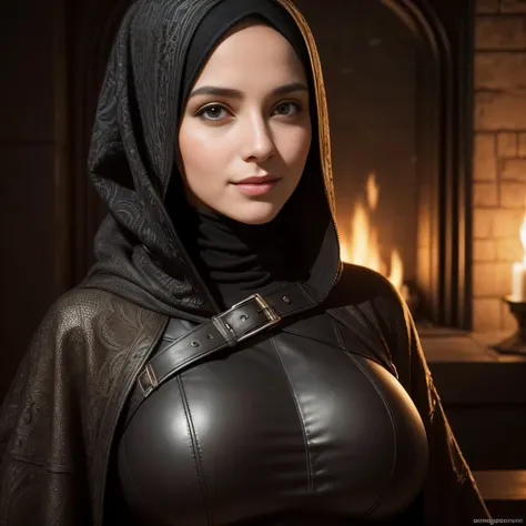 Dee768, portrait, smile, hijab, big breasts, turtleneck, leather clothes, Tangier, fireplace, detailed eyes, photography, trending on artstation, sharpness, studio photography, intricate details, highly detailed, Tangier in background, by Greg Rutkowski
