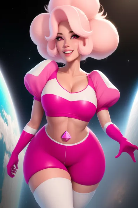 pnkdamond, pink hair, pink eyes,  big hair,  stomach gem,  pink skin,  toned, 
puffy short sleeves, elbow gloves ,  white thighh...