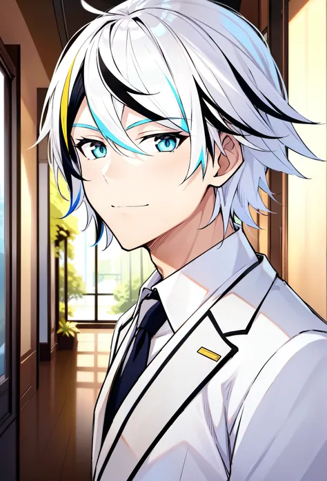 ((white hair)), ((multicolored hair)), ((complementary color)), ((school)), ((hallway)), ((cheerful expression)), ((handsome)), ...