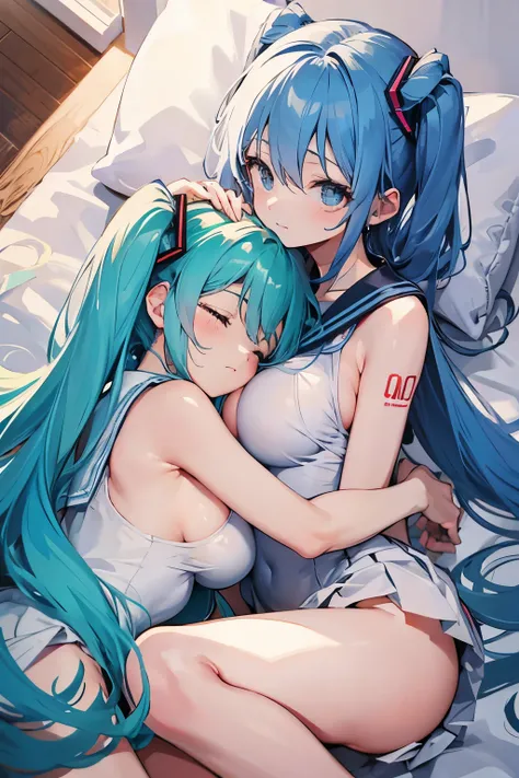 2girls, sleeping with head on anothers breasts, breast pillow, medium breasts, beautiful girls, sleeping, soft breasts, squeezing anothers breasts hatsune miku, sailor moon