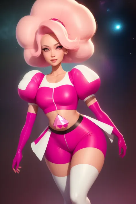 pnkdamond, pink hair, pink eyes,  big hair,  stomach gem,  pink skin,  toned, 
puffy short sleeves, elbow gloves ,  white thighh...