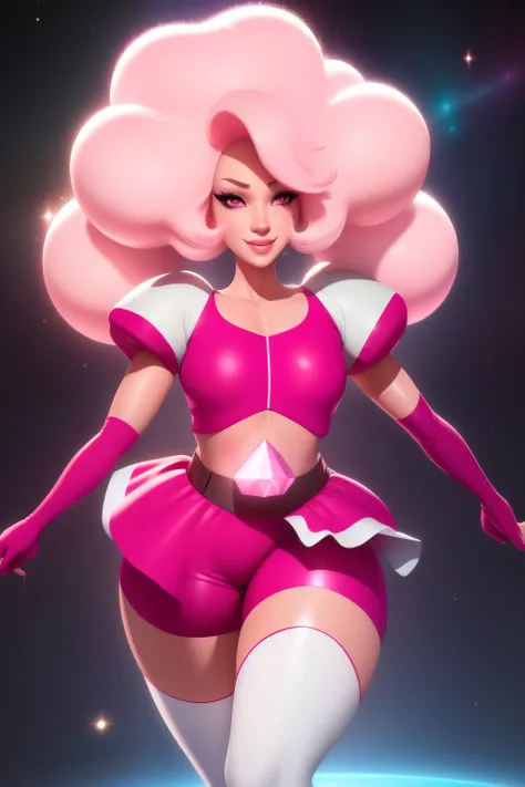 pnkdamond, pink hair, pink eyes,  big hair,  stomach gem,  pink skin,  toned, 
puffy short sleeves, elbow gloves ,  white thighh...