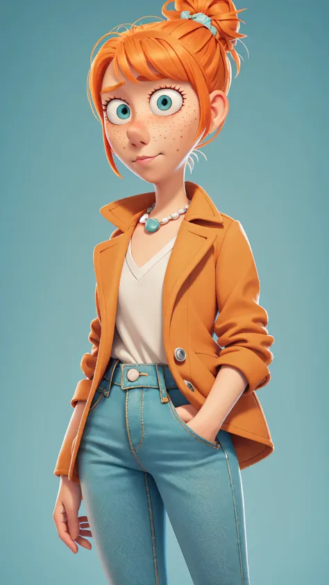 1girl, Orange hair in a bun, green eyes, slight smirk, freckles on cheeks, thin eyebrows, white necklace with a bow, teal jacket, pale skin, standing, cartoon, (pixar:1.2), Lucy Wilde, long nose, bangs, tight jeans,full body view