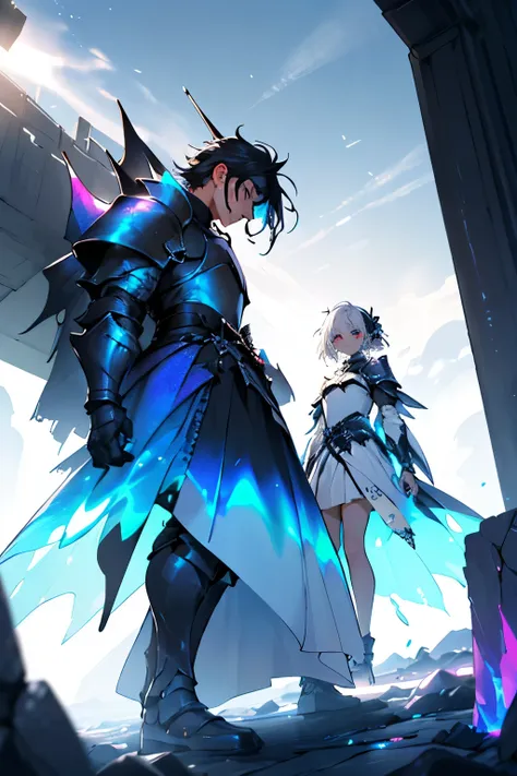 A female knight in black armor and black hair with blue eyes with a white haired woman wearing a simple white dress with red eyes.The one with black hair is taller. Both are in a salon together side by side, the one with black hair has slightly bright blue...