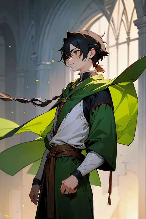 1male, black hair, rat tail hair, short braid, green eyes, modernized medieval clothing, green accented clothing, white wrappings, wrapped, guild hall background, detailed background, standing on path