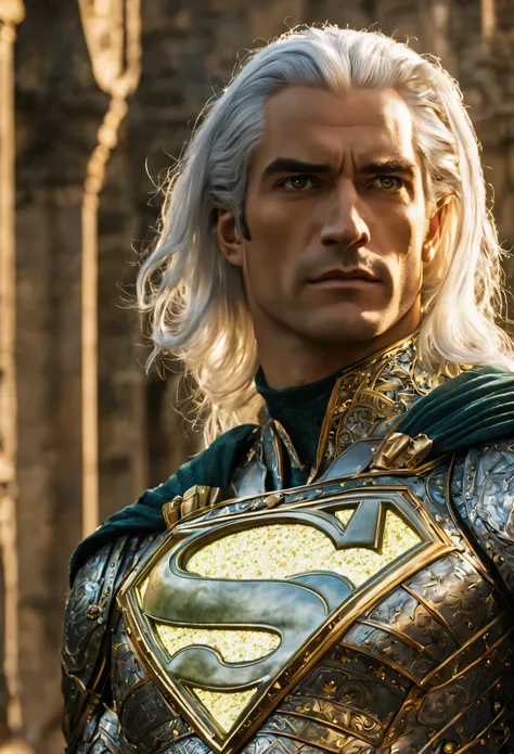 Superman with green pupils, long bluish white hair, confident expression, wearing beautiful silver armor with golden patterns all over the armor, exuding a dark yellow glow, In the background, a medieval castle