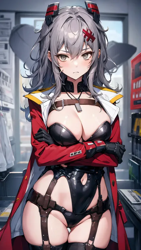 masterpiece, highest quality, 1 girl, alone, Yurha, gray hair,hair ornaments, necklace, chest strap, Jacket, coat over one&#39;s shoulders, cleavage, black gloves, crossed arms, open clothes,((cowboy shot)),