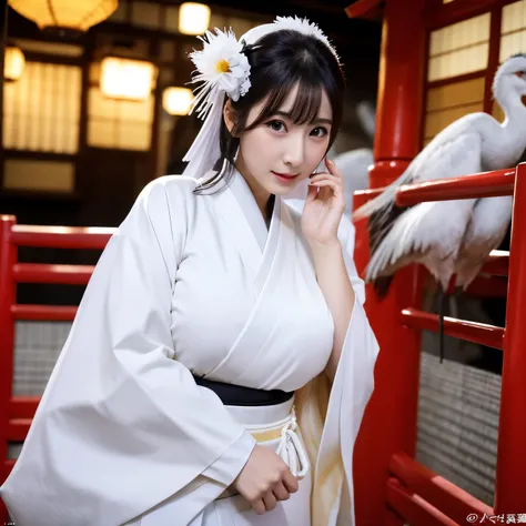 (8k、RAW photo、highest quality、masterpiece:1.2)、(realistic、Photoreal:1.35)、super detailed、超A high resolution、cinematic lighting、(((Beautiful woman in white kimono)))、(((36 year old girl in Japan)))、(lots of cranes:1.5)、A worried expression、black hair、Fun an...