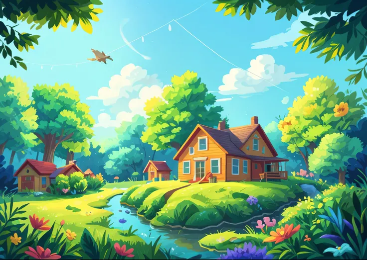 Earth Day poster，flatillustration,  house，There are animals outside the house，edgBunny，There is a house on it，Room，A plant，Above is the sky，There are trees in the back，florals，scenecy，blue colors，green color，amarelo，simple backgound，Center composition，vivd...